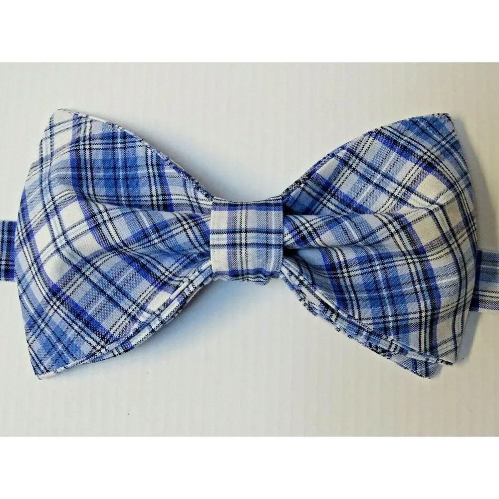 Custom Mens Blue/Navy Plaid Bow Tie Pre-tied Adjustable‎ Gift 4 Him OOAK Unique